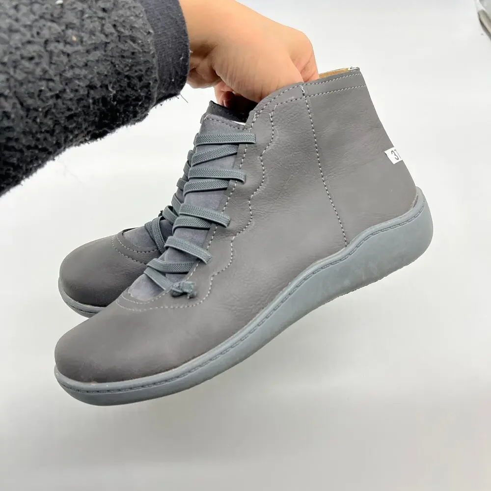 Women's Grey Leather Ankle Bootie - Casual Comfort
